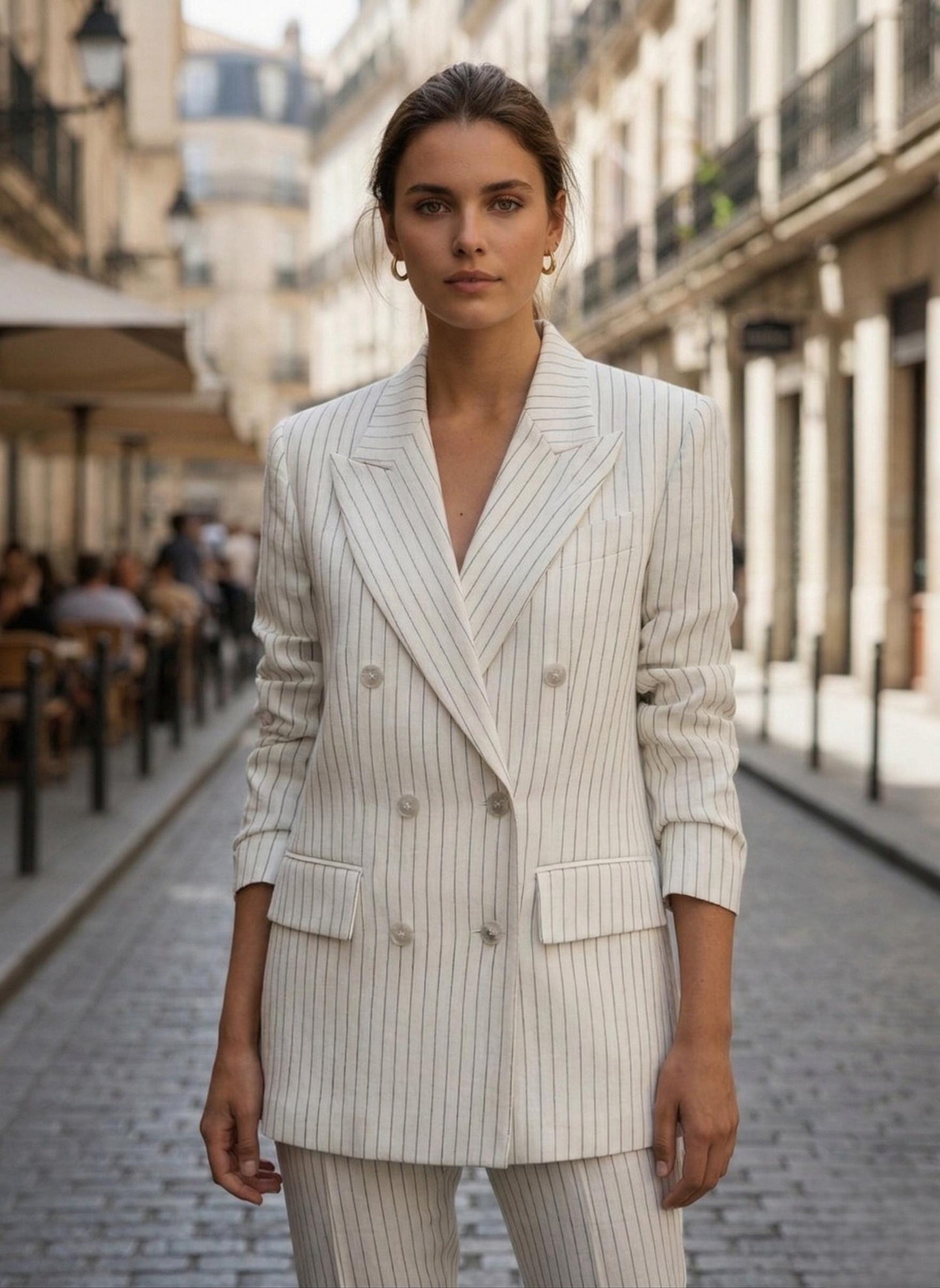 Women's Pinstripe Double Breasted Suit: Tailored White Blazer & Pants Set