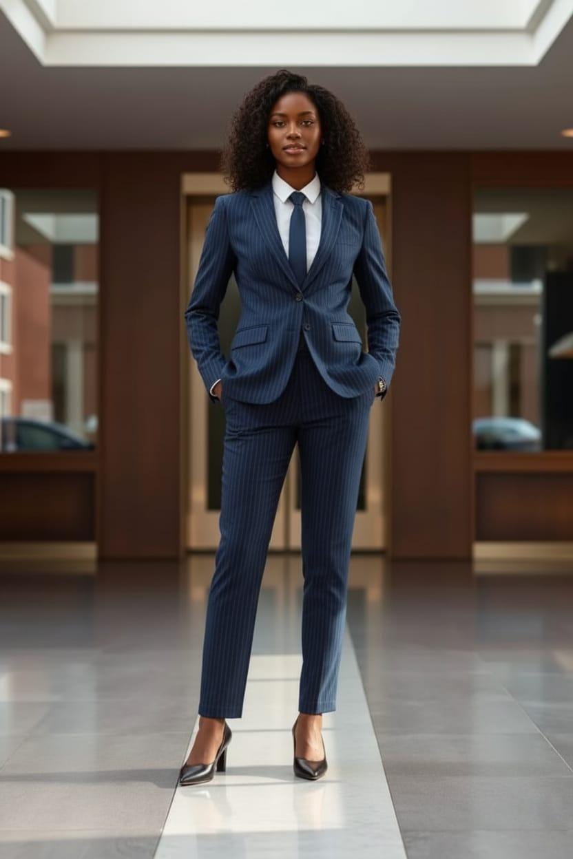 Women's Pinstripe Pant Suit: Tailored Navy Blue Blazer & Trousers
