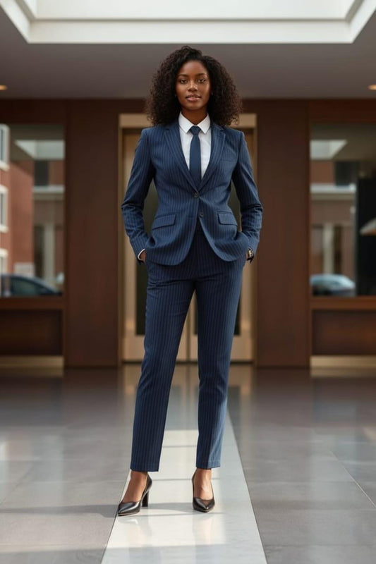 Women's Pinstripe Pant Suit: Tailored Navy Blue Blazer & Trousers