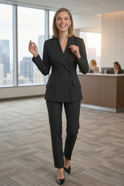 Women's Pinstripe Suit: Tailored Black Blazer & Pants Set