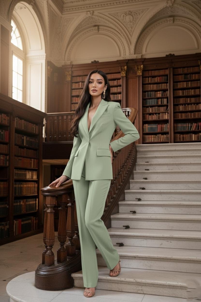 Women’s SAGE GREEN 2 Piece Suit | Blazer & Pants | Custom Tailored Formal Outfit