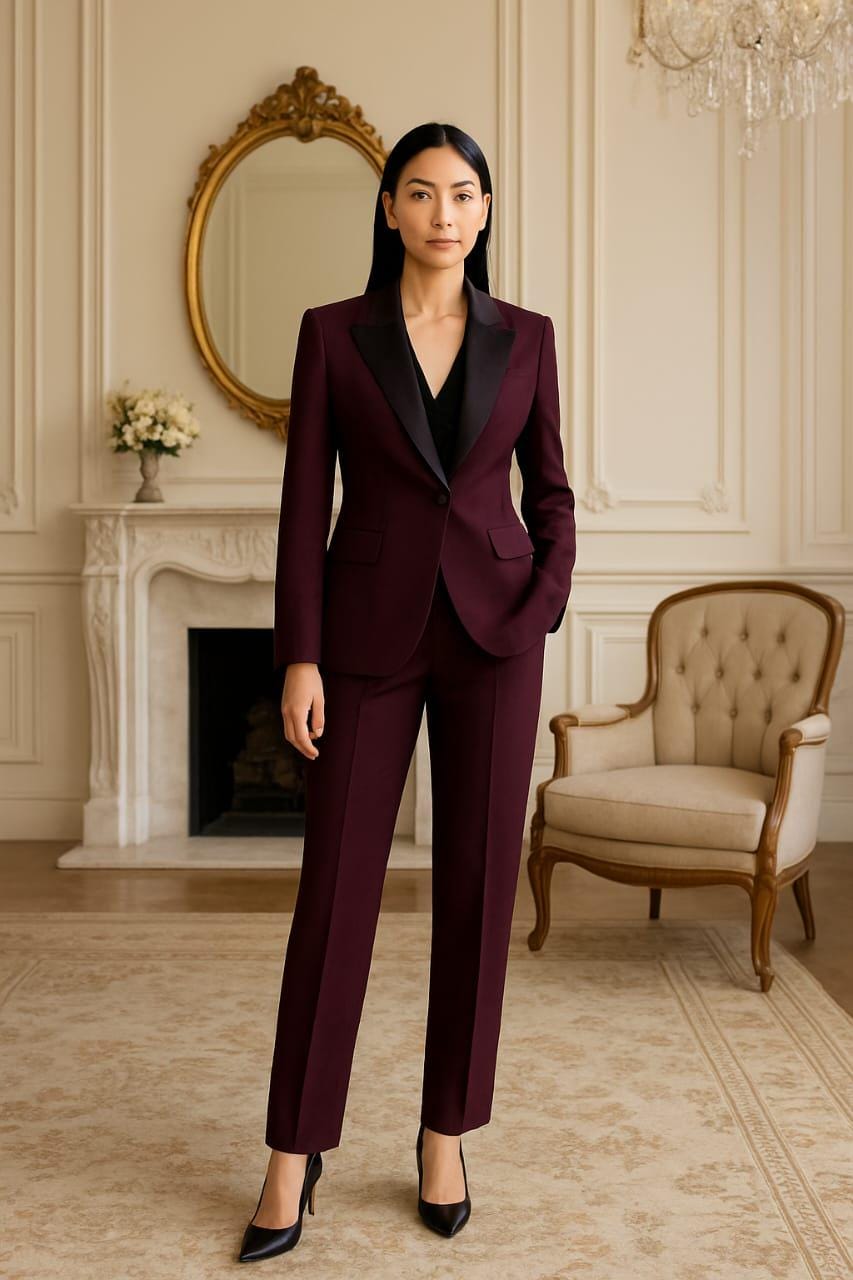 Women’s WINE 2 Piece TUXEDO Suit | Blazer & Pants | Custom Tailored Formal Outfit