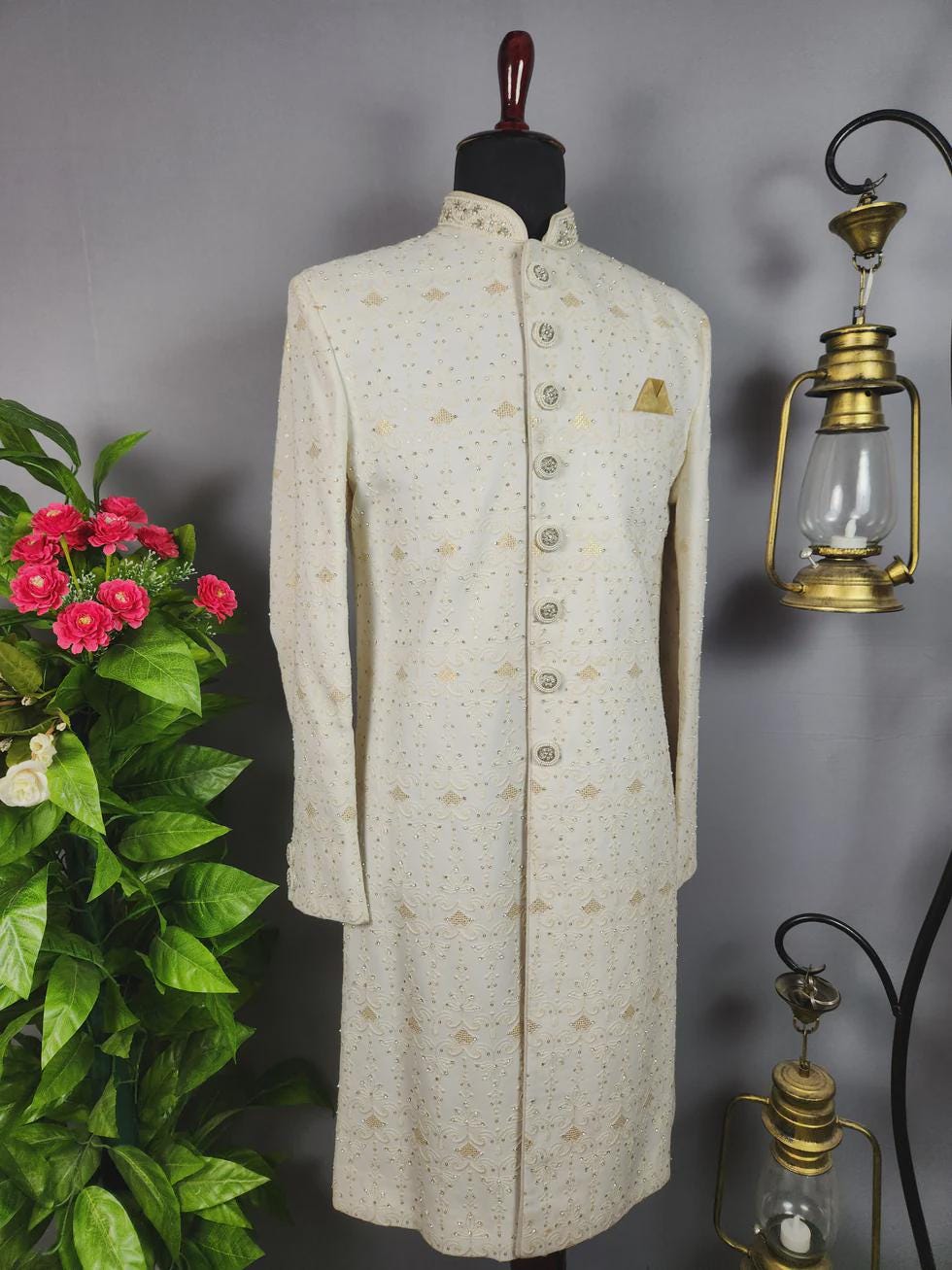 Women's White Sherwani Suit | Jodhpuri Jacket Pants Set, Silk Blend Wedding Guest Attire