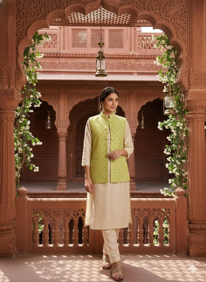 Women's Yellow Printed Nehru Jacket | Indian Style Sleeveless Vest | Traditional Ethnic Waistcoat