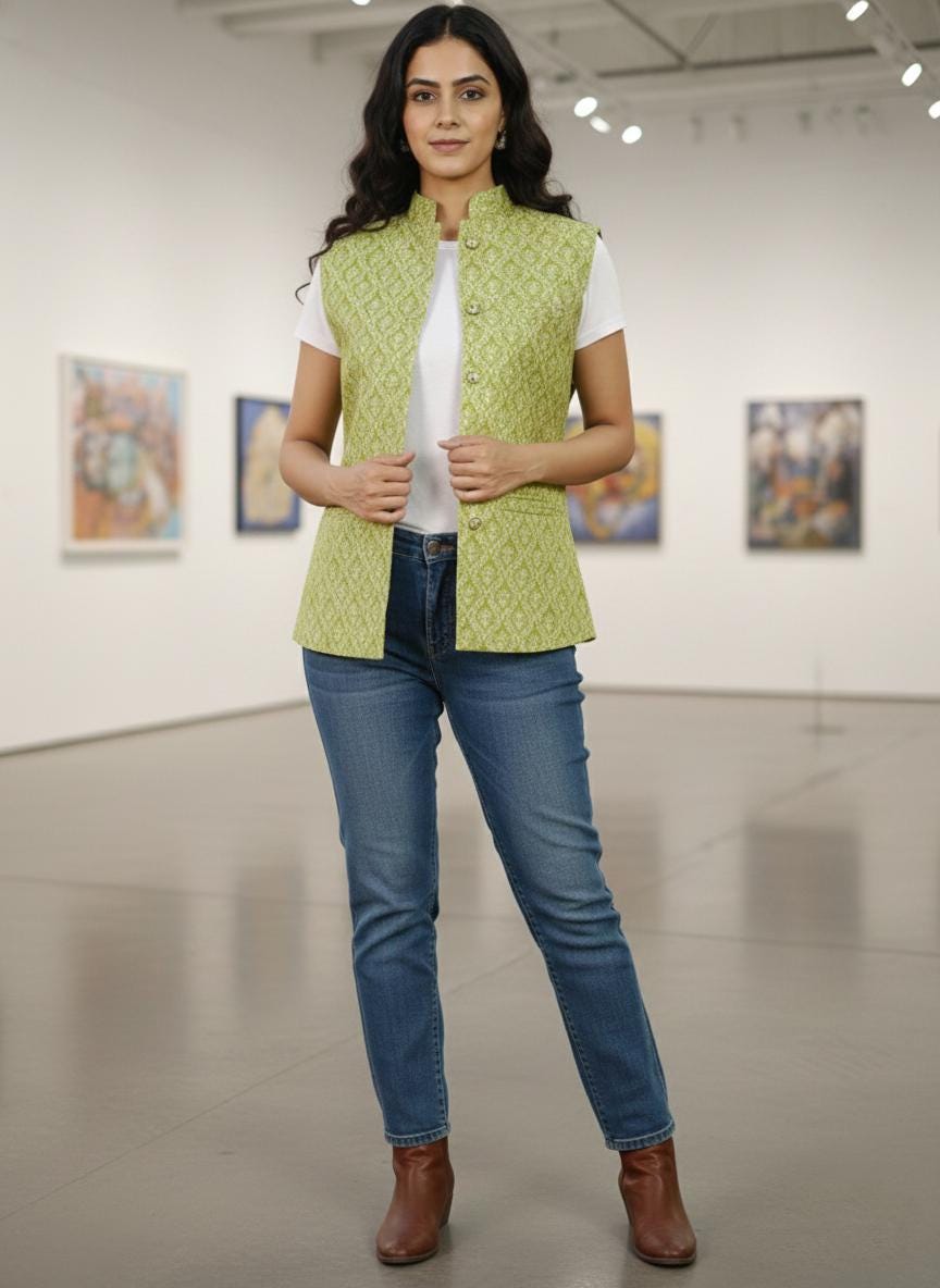 Women's Yellow Printed Nehru Jacket | Indian Style Sleeveless Vest | Traditional Ethnic Waistcoat
