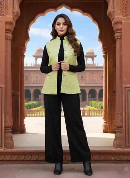 Women's Yellow Printed Nehru Jacket | Indian Style Sleeveless Vest | Traditional Ethnic Waistcoat
