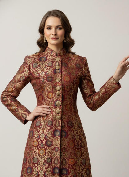 Womens Brocade Sherwani Suit - Made to Measure Floral Jacquard Achkan Coat