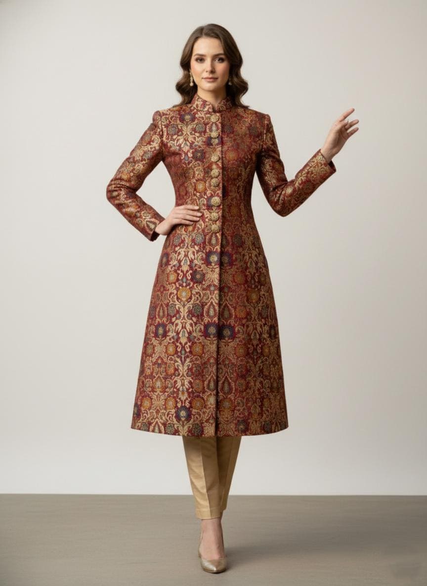 Womens Brocade Sherwani Suit - Made to Measure Floral Jacquard Achkan Coat