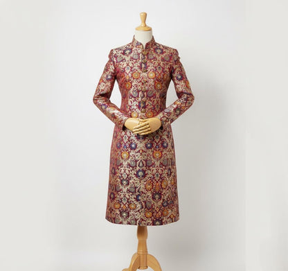Womens Brocade Sherwani Suit - Made to Measure Floral Jacquard Achkan Coat
