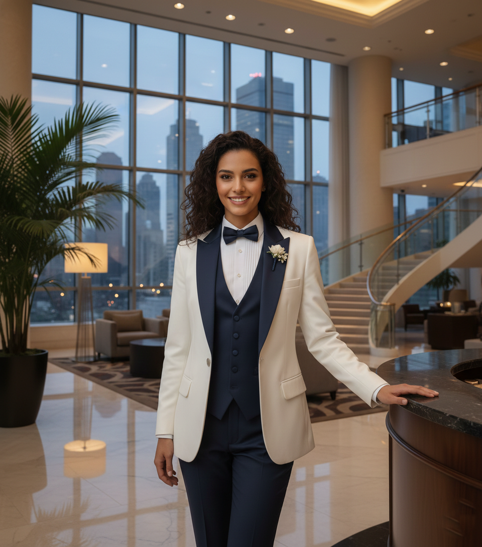 Ivory & Navy Blue Women's Suit | Custom Made 5-Piece Formal Set