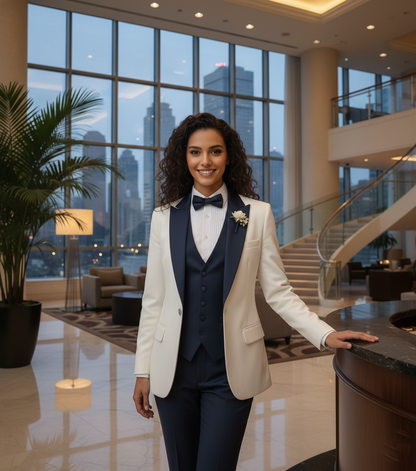Ivory & Navy Blue Women's Suit | Custom Made 5-Piece Formal Set