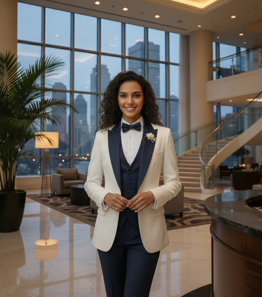 Ivory & Navy Blue Women's Suit | Custom Made 5-Piece Formal Set