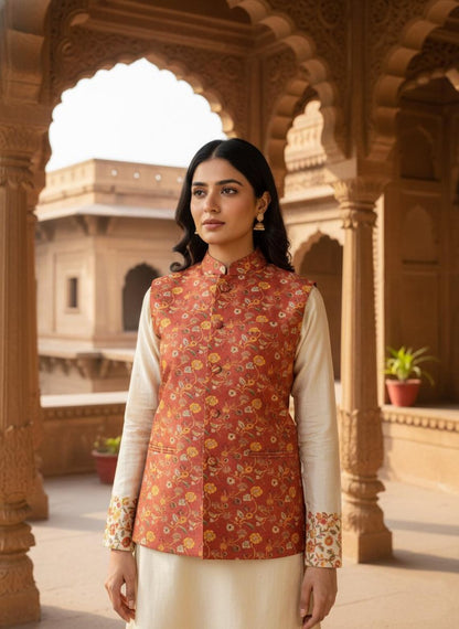 Women's Orange Printed Nehru Jacket | Indian Style Sleeveless Vest | Traditional Ethnic Waistcoat