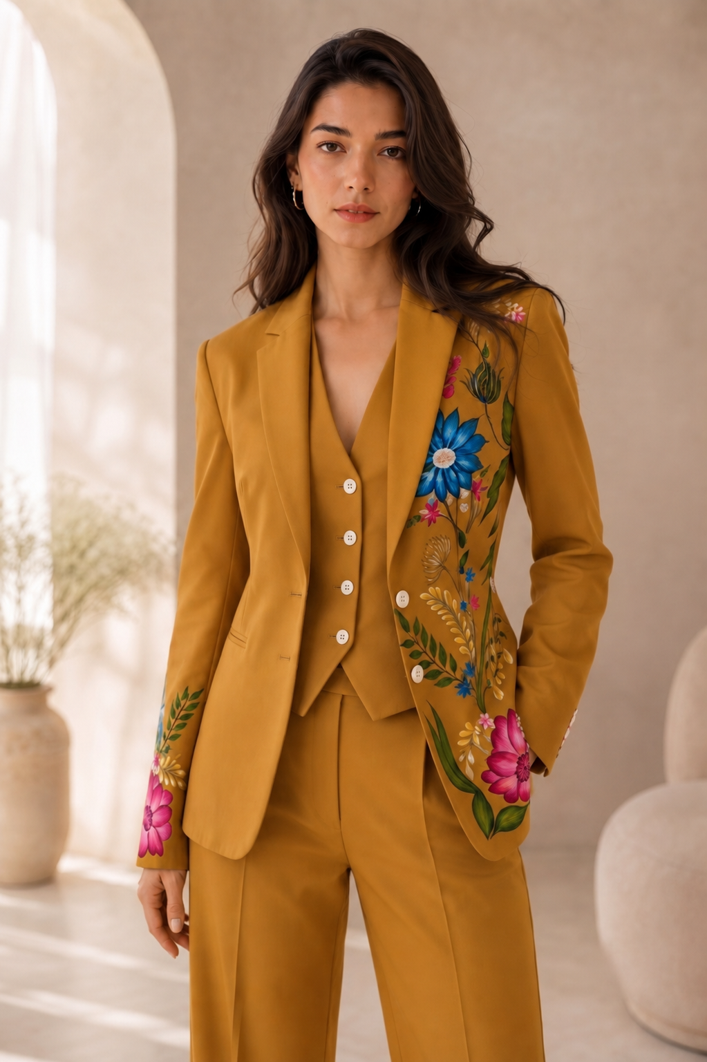 Hand Painted Mustard Women's Suit | Floral Blazer Pants Set | Custom Tailored Pantsuit