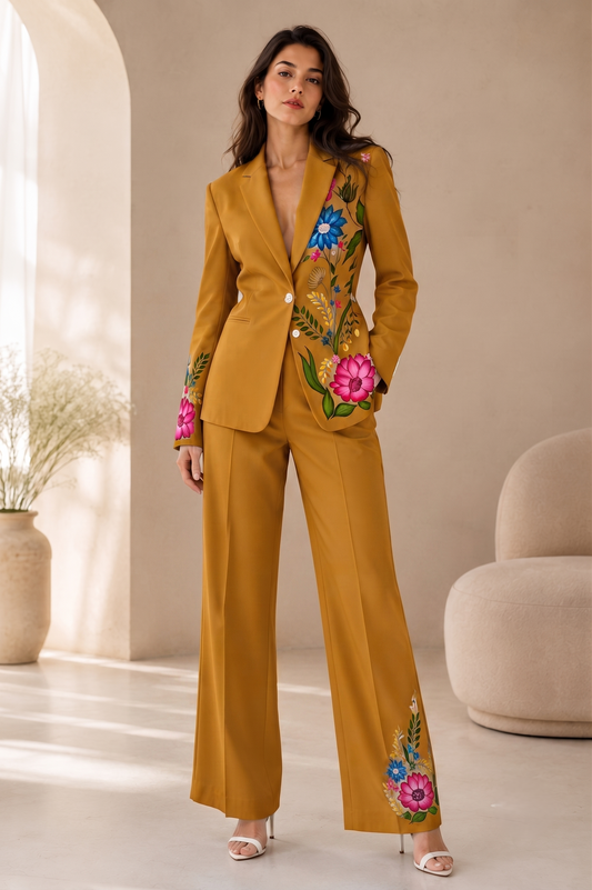 Hand Painted Mustard Women's Suit | Floral Blazer Pants Set | Custom Tailored Pantsuit