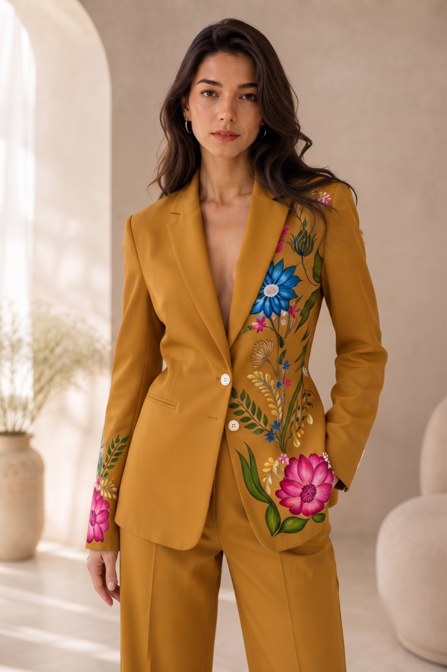 Hand Painted Mustard Women's Suit | Floral Blazer Pants Set | Custom Tailored Pantsuit