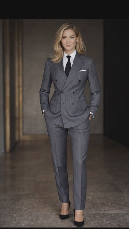 Women's Pinstripe Double Breasted Suit: Tailored Grey Blazer & Pants Set
