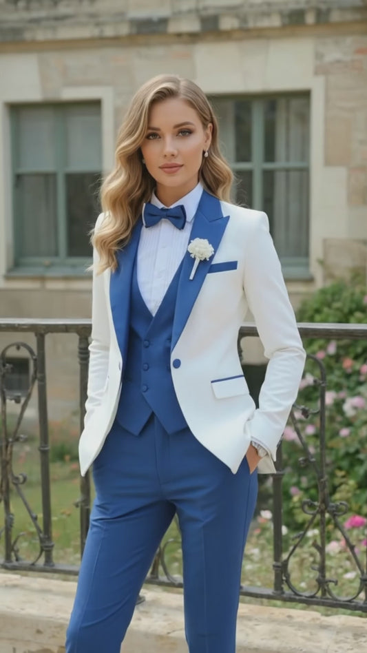Custom Made Women's Pant Suit | White & Royal Blue 5-Piece Set