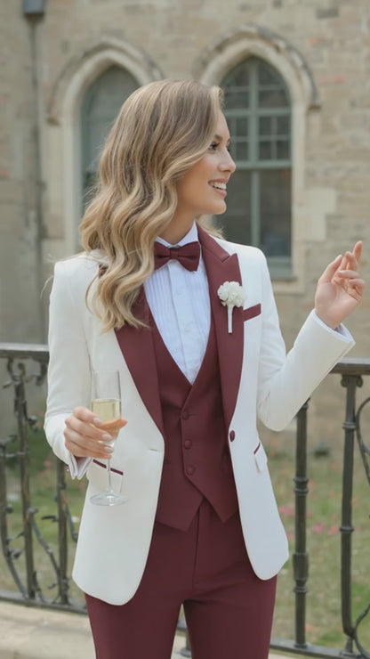 Custom Made Women's Tuxedo Suit | White & Burnt Orange 5-Piece Set