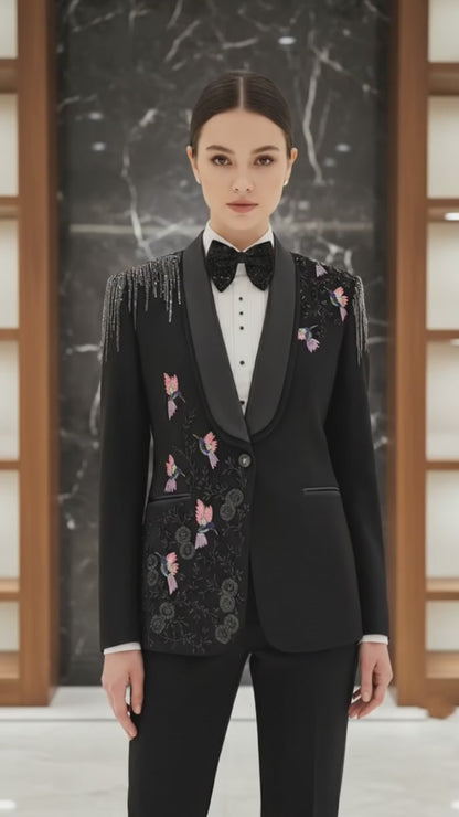 Embroidered Hummingbird Tuxedo Suit - Beaded Fringe, Made to Measure