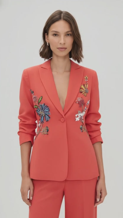 Elegant Orange Pant Suit with Colorful Embroidered Floral Beading I Blazer & Trousers Suit Set