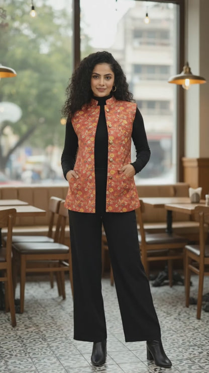 Women's Orange Printed Nehru Jacket | Indian Style Sleeveless Vest | Traditional Ethnic Waistcoat
