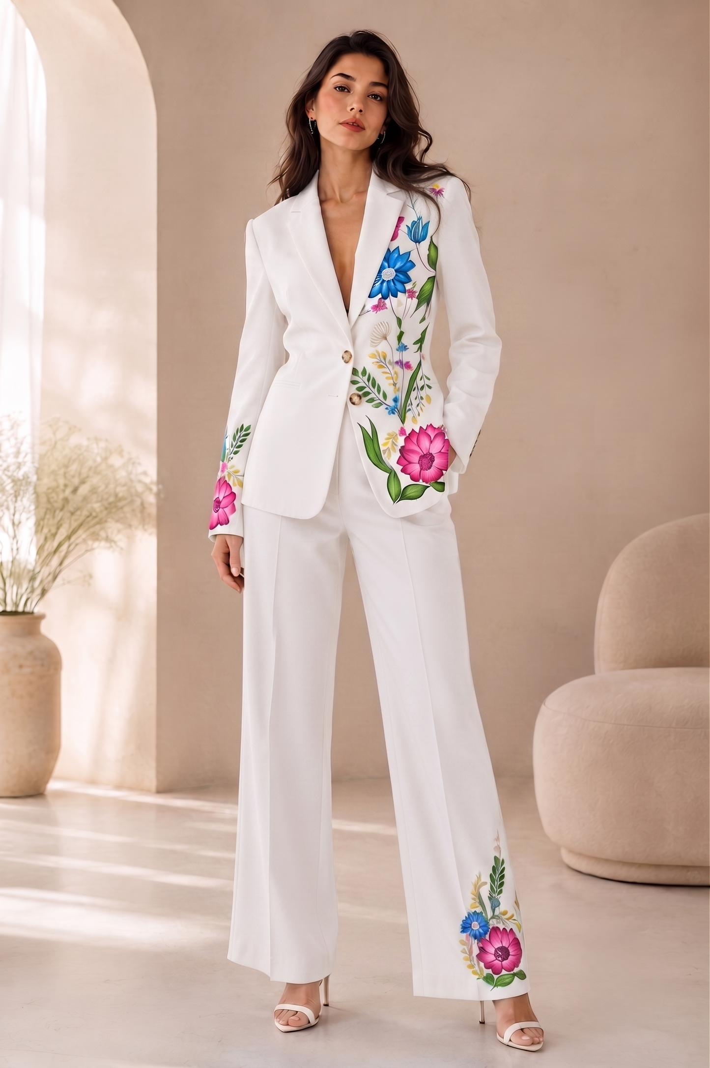 Hand Painted Floral White Suit | Custom Blazer Pants Set, Wedding Reception Outfit