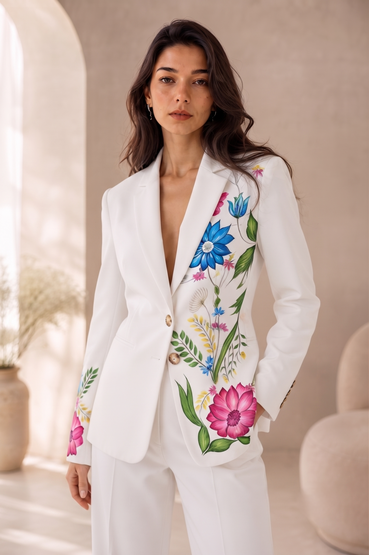 Hand Painted Floral White Suit | Custom Blazer Pants Set, Wedding Reception Outfit
