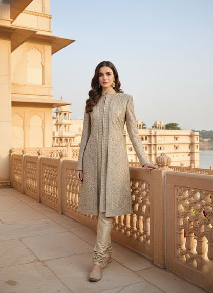 women's Golden Sherwani Suit Jodhpuri Jacket Pants Set | Silk Blend Zardozi Work