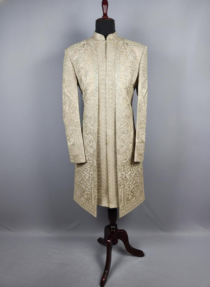 women's Golden Sherwani Suit Jodhpuri Jacket Pants Set | Silk Blend Zardozi Work